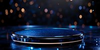 Empty round stage platform with blue neon lighting and bokeh effects on dark background, dramatic product display podium for presentation.