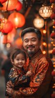 Asian father and daughter in traditional red clothing celebrating Chinese New Year with colorful lanterns and warm festive lighting background.