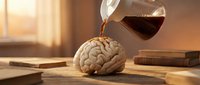 Coffee being poured from glass carafe onto human brain model on wooden desk with warm sunlight streaming through window creating morning productivity concept.