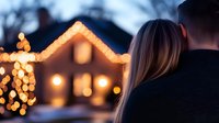 Young couple enjoying romantic winter evening outdoors with festive holiday lights and decorated house facade creating magical bokeh atmosphere.