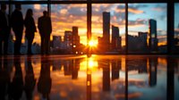 Silhouettes of people watching dramatic urban sunset through window, city skyline reflected on glossy floor, golden hour light creates mirror effect in modern building.