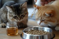 CBD oil being added to cat food as two curious cats watch the process of supplementing their meal with natural wellness drops.
