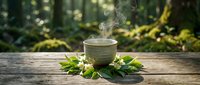 Steaming herbal tea cup with fresh green leaves on rustic wooden table in peaceful forest setting for wellness and relaxation moments.