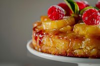 Golden pineapple upside-down cake with fresh raspberries and mint garnish on white plate, homemade dessert ready for serving and food photography.
