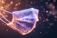 Glowing protective face mask with sparkles and bokeh lights on dark background, medical safety concept in magical artistic interpretation.