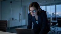 Caucasian woman with shoulder-length brown hair and glasses wearing dark business attire, leaning over laptop in modern office with city skyline view, professional work environment.