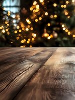 Rustic wooden table surface with blurred golden Christmas lights bokeh background creating festive holiday atmosphere for product display or celebration setup.