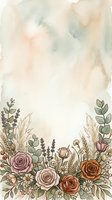 Watercolor floral border with roses, eucalyptus, and dried grasses on cream background. Isolated botanical arrangement for wedding invitations, greeting cards, and design projects.