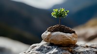 Young sapling growing from soil on balanced rock formation against blurred mountain landscape, symbolizing resilience, growth and environmental sustainability.