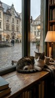Tabby and white cat resting on wooden windowsill gazing at rainy European street with historic architecture, lamp, and books. Cozy interior scene for home decor and lifestyle content.
