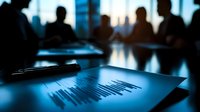 Business graph document on conference table with silhouettes of people discussing strategy in modern office meeting room, dramatic blue lighting.