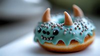 Playful monster-themed donut with turquoise frosting, candy eyes, silver sprinkles and orange horns on blurred background. Creative pastry design for bakery and party treats.