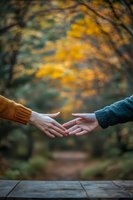 Two hands reaching toward each other against blurred autumn forest background, symbolizing connection, love and togetherness in fall season.
