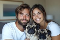 Young Caucasian couple in white t-shirts smiling with two pug dogs at home, expressing joy and companionship in casual lifestyle portrait with warm natural lighting.