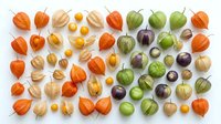 Colorful physalis fruits collection with orange, green and purple cape gooseberries arranged in organized rows on white background for healthy eating concepts.