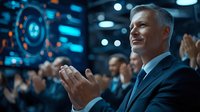 Mature Caucasian businessman in dark suit applauding at conference with futuristic blue technology display background, expressing appreciation and success.