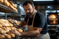 Bearded male baker in apron arranging fresh bread loaves on bakery shelf. Dark moody lighting highlights professional at work in commercial kitchen setting.