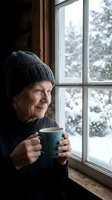 Senior woman in knit hat holding warm mug by window watching winter snow fall outside cozy home interior for seasonal lifestyle content.
