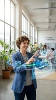 Woman with curly auburn hair, Caucasian ethnicity, wearing denim blazer and gray shirt, interacting with holographic email interface in modern office with large windows and plants.