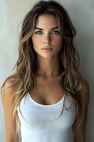 Young woman with long wavy brown hair and natural makeup wearing white tank top against light background, looking directly at camera with confident expression.