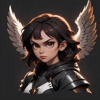 Young female warrior angel with dark hair and glowing wings wearing black armor against dark background, stylized fantasy art character portrait.