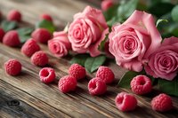 Pink roses and fresh raspberries arranged on rustic wooden table, creating romantic food styling composition for Valentine's Day or anniversary celebration.
