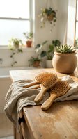 Three wooden hair brushes on a linen cloth atop a rustic table, surrounded by green plants in a bright, natural bathroom setting.