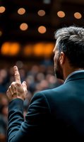 Middle-aged Caucasian businessman in dark suit raising index finger during presentation, with blurred audience and stage lights in background, side view portrait.