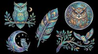 Decorative owl clipart set with feather and moon elements, isolated on transparent background. Great for stickers, t-shirt design, print on demand, and sublimation.
