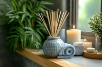 Aromatic reed diffuser, white candles, and rolled towel on wooden shelf with green plants creating peaceful spa atmosphere for wellness and relaxation.