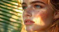 Young woman with freckles and blue eyes in warm sunset light through window blinds, natural beauty portrait with golden hour glow and shadow patterns.