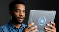 Man with dark skin tone and short black hair, wearing a blue denim shirt, holding a tablet displaying a glowing circular digital interface icon against a dark background.