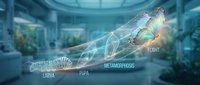 Digital butterfly metamorphosis lifecycle diagram showing transformation stages from larva to adult in futuristic laboratory setting with holographic display.