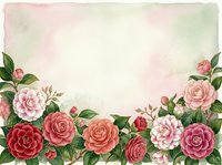 Watercolor floral border with pink and red camellia roses on soft pastel background, copy space for text or greeting card design.