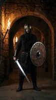 Medieval knight in chainmail armor holding sword and shield standing in stone castle corridor with torch flames for historical fantasy gaming content.