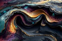 Abstract fluid art with flowing waves in dark teal, gold, and purple colors creating dramatic marble effect with metallic accents and rich textural layers.