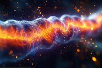 Fiery energy wave with glowing orange plasma intertwined with blue electric currents against dark background with bokeh light effects.