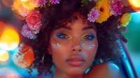 Young African American woman with curly hair adorned with colorful flowers, wearing vibrant blue eyeshadow and gold face gems against a bokeh background.