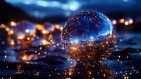 Glowing crystal sphere with starry night sky reflection sits on wet surface with bokeh lights creating magical atmosphere for fantasy and meditation concepts.