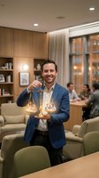 Professional Caucasian male lawyer in blue suit holding golden scales of justice in modern law office with colleagues working in background.