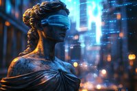 Bronze statue of justice wearing futuristic digital visor against urban night background with glowing data visualization and city lights creating cyberpunk atmosphere.