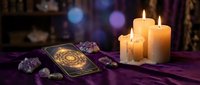 Mystical tarot cards with amethyst crystals and glowing candles on purple velvet cloth creating atmospheric fortune telling scene for spiritual guidance.