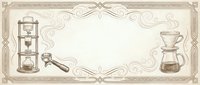 Vintage coffee brewing equipment frame with ornate decorative border featuring cold brew tower and pour over dripper in sepia tones for cafe menu design.