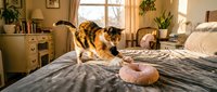Calico cat playing with a pink donut toy on a cozy bed in a sunlit bedroom with warm, homey decor in the background.