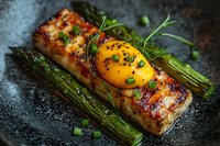 Grilled salmon fillet with egg yolk, asparagus and microgreens on black plate. Gourmet seafood dish with caramelized glaze and fresh herbs garnish.