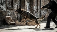 Police officer training German Shepherd dog with leash in urban graffiti environment for law enforcement and security work.