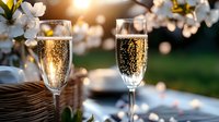 Sparkling champagne flutes with golden bubbles against blurred spring blossom background at sunset, romantic outdoor celebration setting for wedding or party.