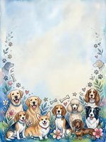 Watercolor border frame with cute dogs, paw prints, bones, hearts and flowers, copy space for text, pet greeting card or poster design.