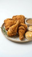Crispy golden fried chicken pieces served on a ceramic plate with buttermilk biscuits, gravy sauce, and fresh rosemary garnish for restaurant, food styling, and culinary content.