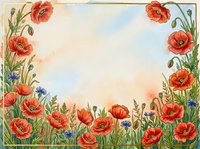 Watercolor poppy flower frame with red blooms and wildflowers on soft background for spring greeting cards and botanical designs.